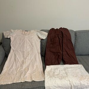 Handmade 3pc Kurta Dupatta Set - Ivory w/ Beads & Sequins - Size M